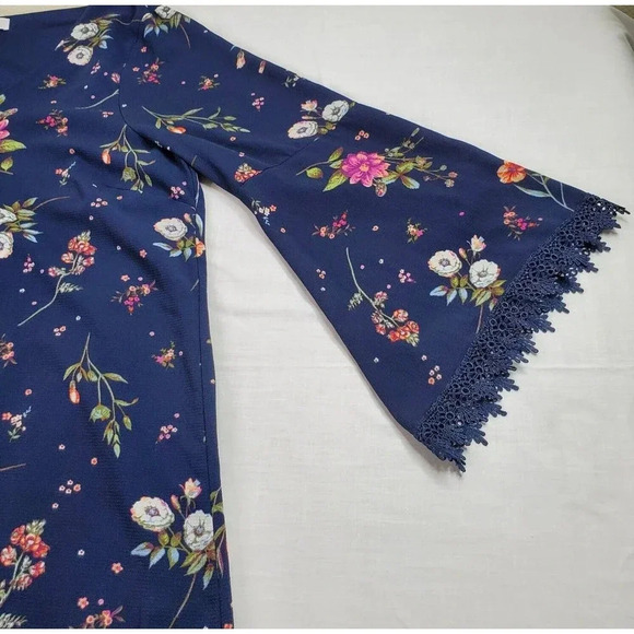 Moa Moa Dress Women Plus 2X Navy Blue Floral Bell Sleeve Lace Trim Lined Boho - Picture 3 of 13